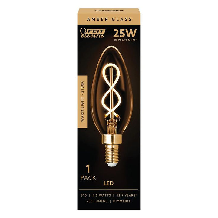 Feit Electric 25-Watt Equivalent B10 Dim Candelabra Amber Glass Vintage Edison LED Light Bulb w/ Spiral Filament Warm White (12-Pack)