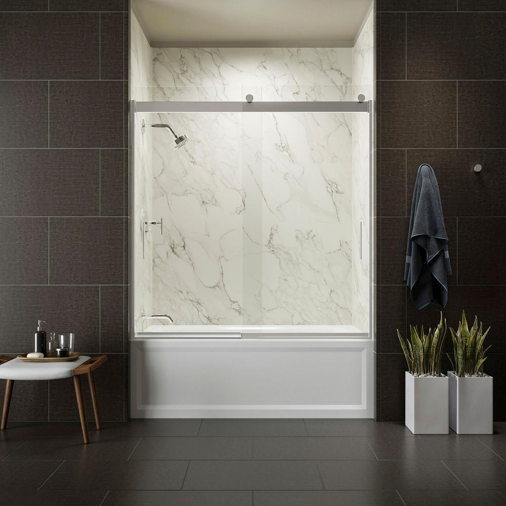 Levity 59 in. x 62 in. Semi-Frameless Sliding Tub Door in Nickel with Handle - Super Arbor