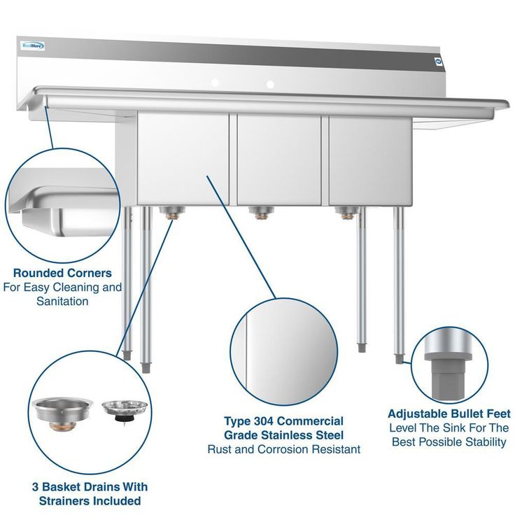 Freestanding Stainless Steel 60 in. 2-Hole Triple Bowl Commercial Kitchen Sink