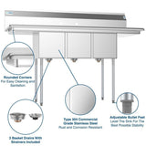 Freestanding Stainless Steel 60 in. 2-Hole Triple Bowl Commercial Kitchen Sink
