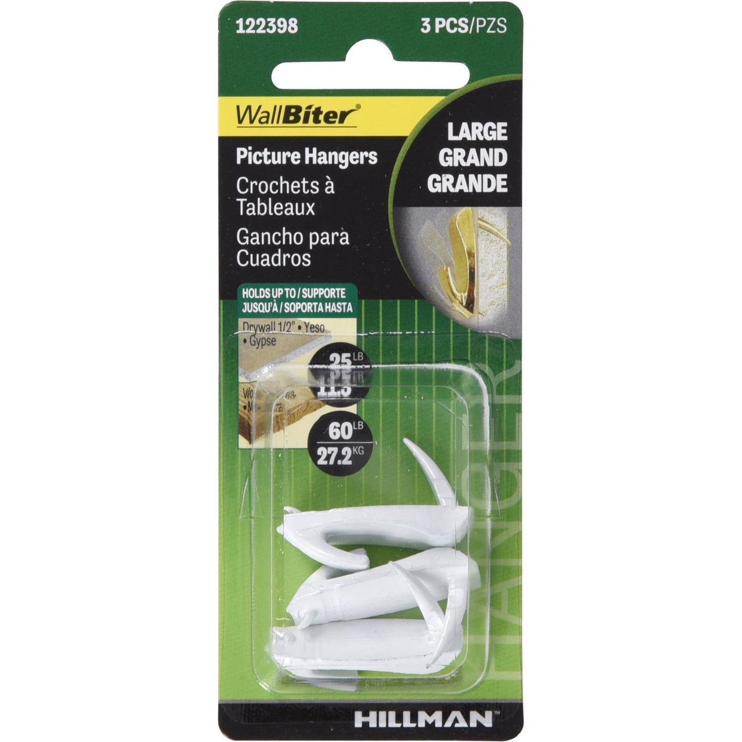 Hillman WallBiter Brass-Plated Large Picture Hook, 60 lb, 3 Pack