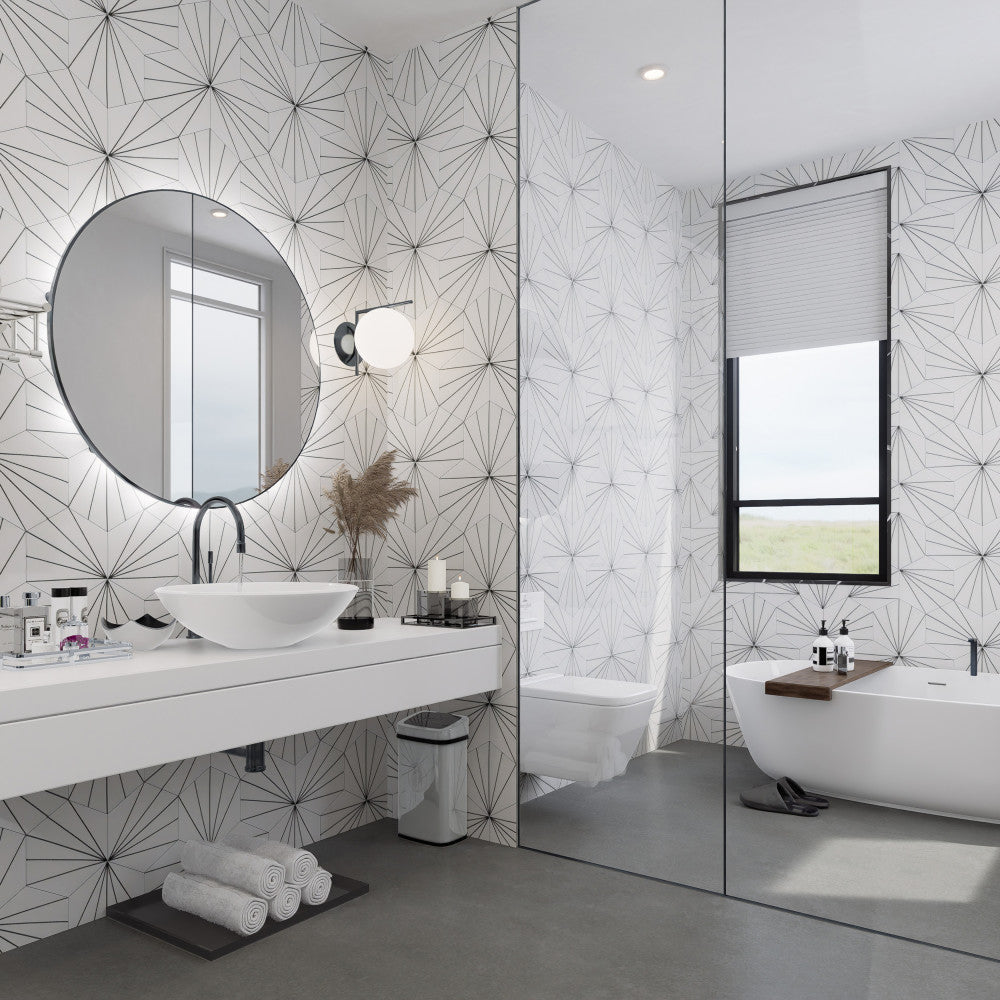 Merola Tile Aster Hex Blanco Encaustic 8-5/8 in. x 9-7/8 in. Porcelain Floor and Wall Tile (11.56 sq. ft. / Case)