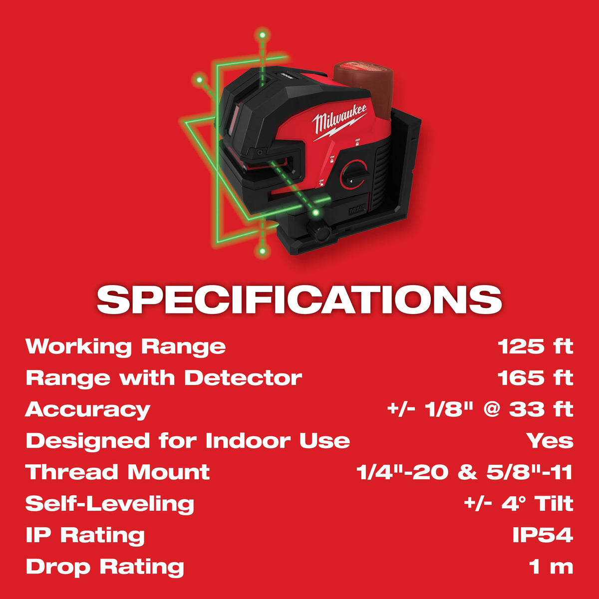 Milwaukee M12 12-Volt Lithium-Ion Cordless Green Cross Line & 4-Points Laser, Tool Only (3624-20)