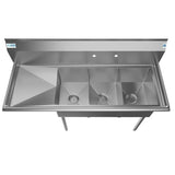 Freestanding Stainless Steel 55 in. 2-Hole Triple Bowl Commercial Kitchen Sink