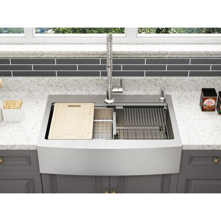 Blanchard Retrofit Workstation Dual Mount Stainless Steel 33 in. 2-Hole Single Bowl Curved Front Apron Kitchen Sink