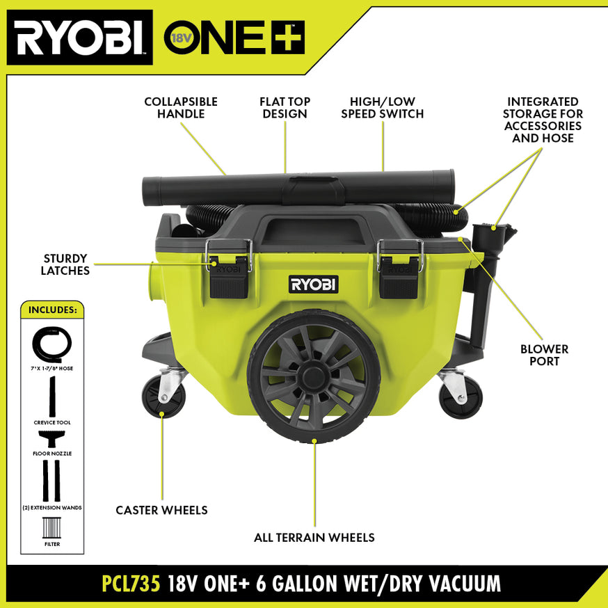 18-Volt ONE+ 6 Gal. Cordless Wet/Dry Vacuum (Tool Only) with Hose, Crevice Tool, Floor Nozzle and Extension Wand