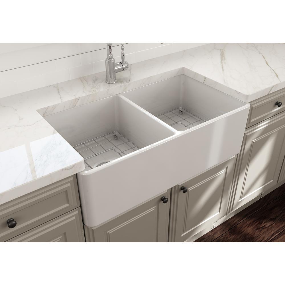 Classico Farmhouse Apron Front Fireclay 33 in. Double Bowl Kitchen Sink with  Bottom Grid and Strainer in White - Super Arbor