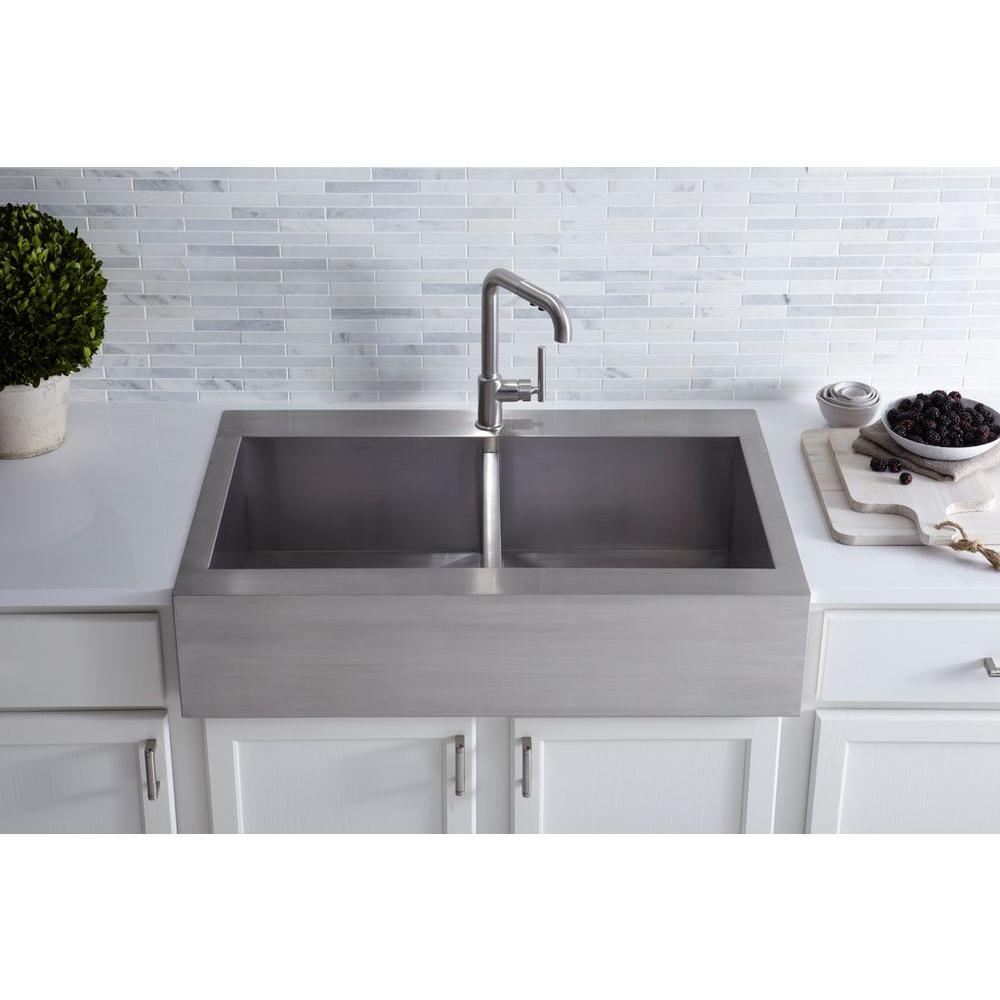 Vault Farmhouse Drop-In Apron Front Self-Trimming Stainless Steel 36 in. 1-Hole Double Bowl Kitchen Sink - Super Arbor
