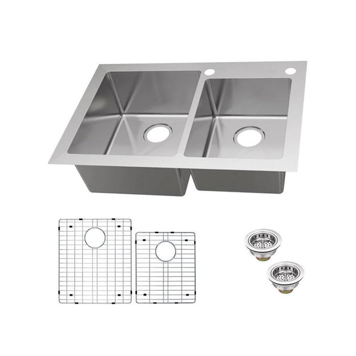 Dual Mount 18-Gauge Stainless Steel 33 in. 2-Hole 60/40 Double Bowl Kitchen Sink with Grid and Drain Assemblies