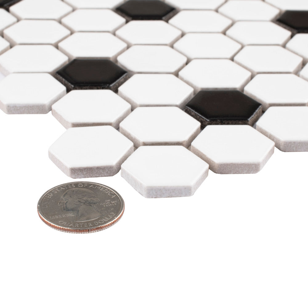 Madison Hex 1 in. Matte Cool White w/ Black Dot 10-1/4 in. x 11-7/8 in. Porcelain Mosaic Tile (8.6 sq. ft./Case)
