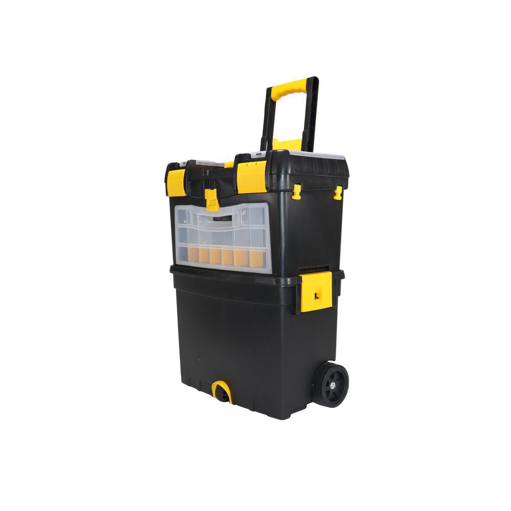 9-1/2 in. and 12-3/4 in. D (2-Tiered) Storage Toolbox with Foldable Auto-Locking Handle in Black - Super Arbor