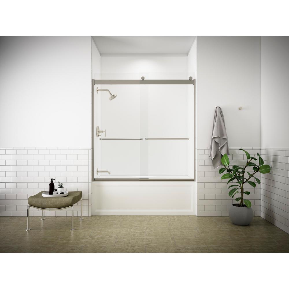 Levity 57 in. x 59.75 in. Semi-Frameless Sliding Tub Door in Nickel with Handle - Super Arbor