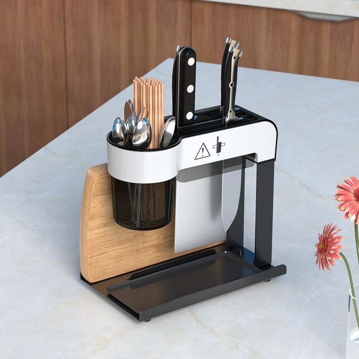 Black Stainless Steel Utensil and Cutlery Rack Kitchen Organizer Drip Tray Knife Storage Block with Cutting-board Holder