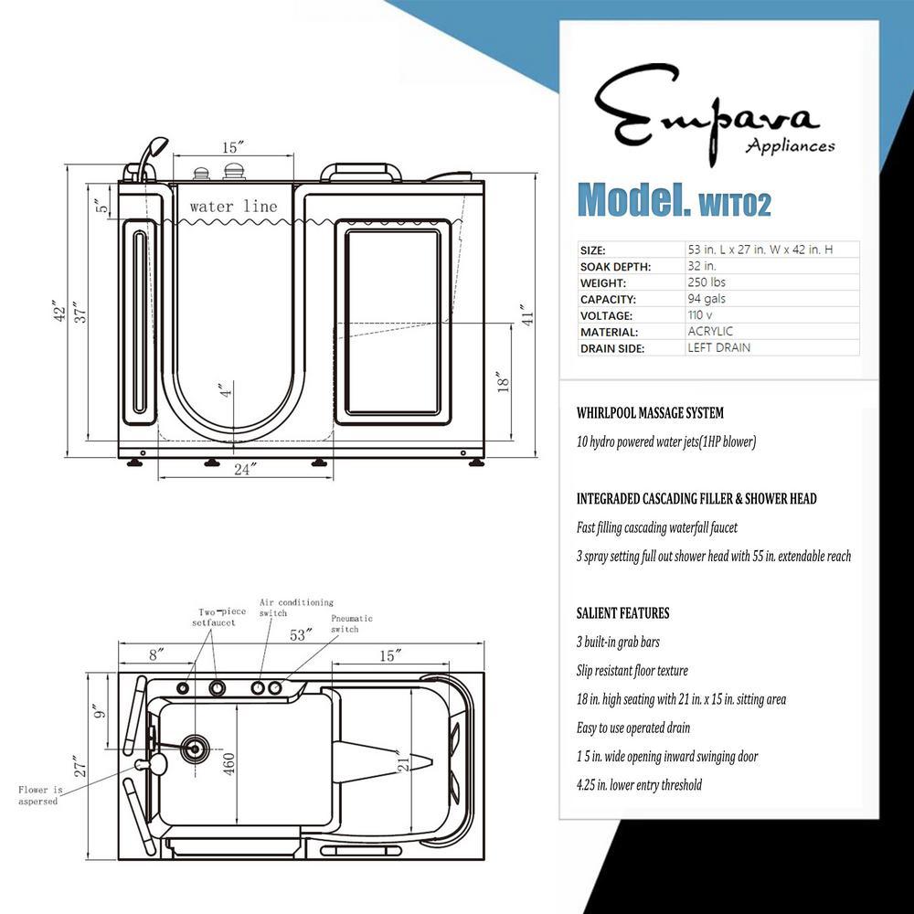53 in. Left Drain Quick Fill Walk-In Whirlpool Bath Tub with Left Side Door in White - Super Arbor