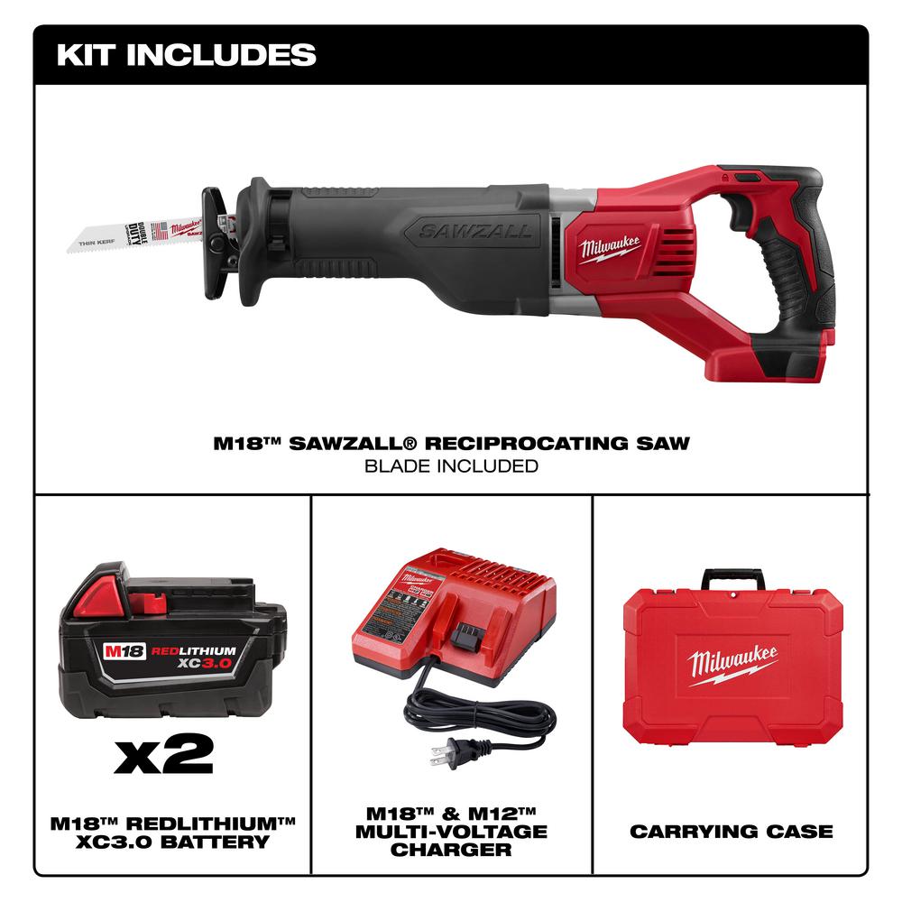 M18 18-Volt Lithium-Ion Cordless SAWZALL Reciprocating Saw W/(2) 3.0Ah Batteries, Charger, Hard Case - Super Arbor