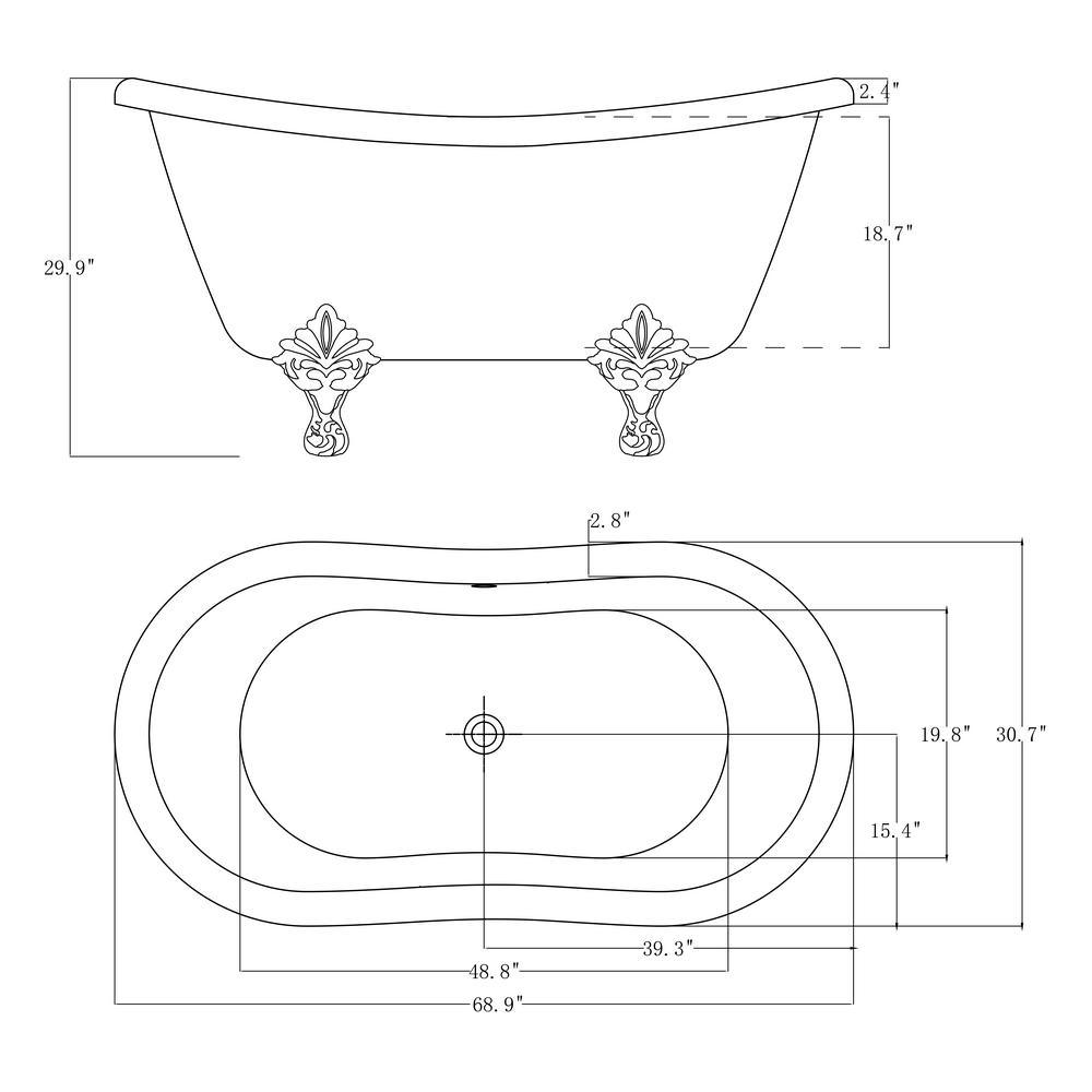 69 in. Fiberglass Double Slipper Clawfoot Non-Whirlpool Bathtub in Matte Antique Brass - Super Arbor