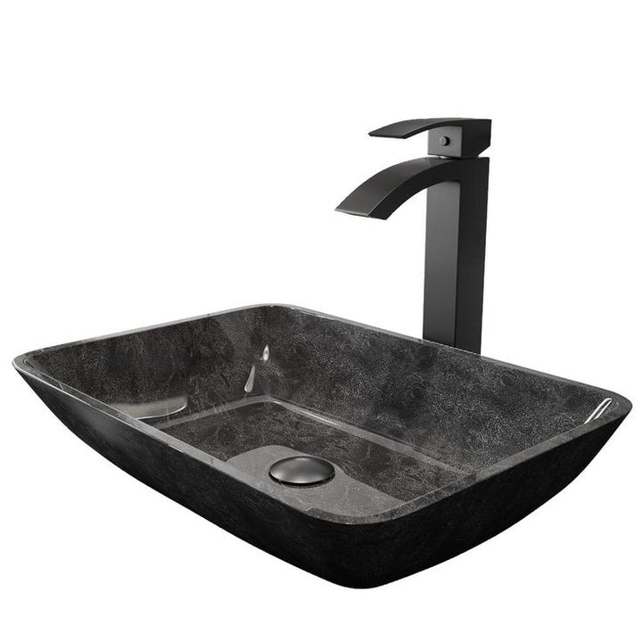 VIGO Rectangular Gray Onyx Glass Vessel Bathroom Sink Set with Duris Vessel Faucet in Matte Black
