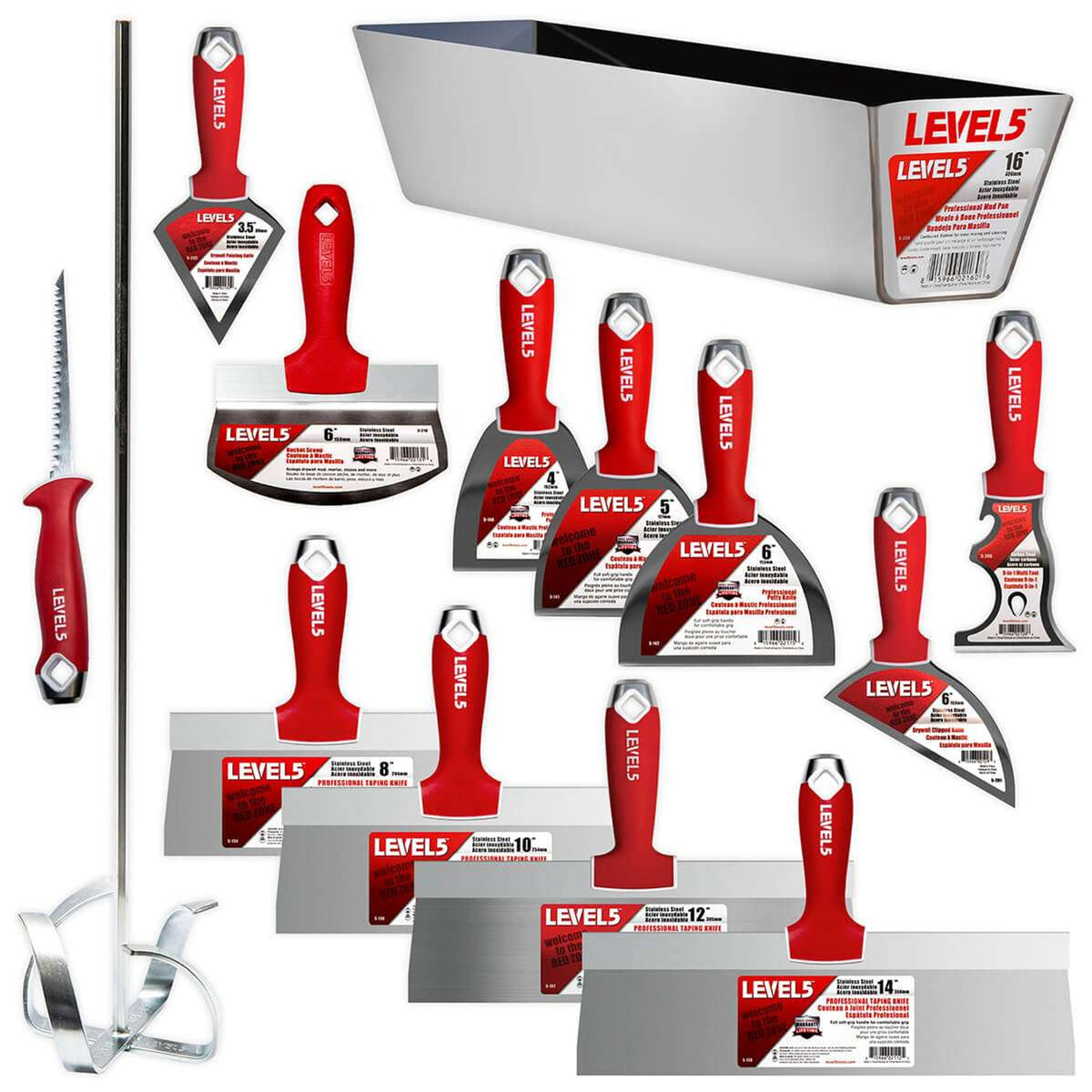 LEVEL5 Deluxe Stainless Drywall Hand Tool Set with Soft-Grip Handles, 5-609
