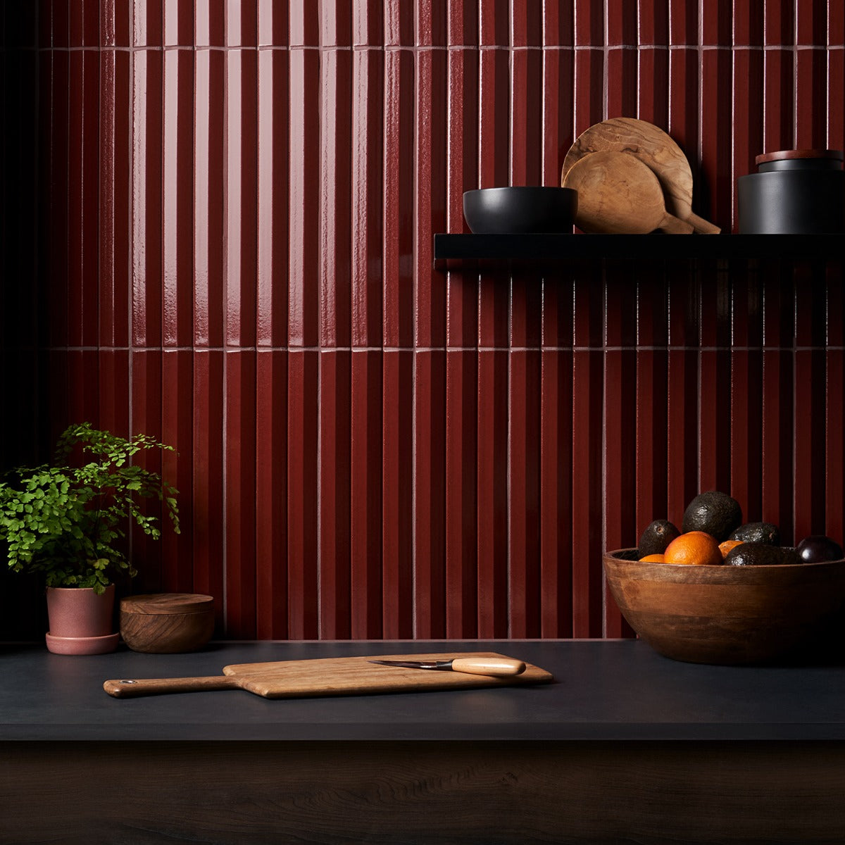 Lux Tile Ponto Ruby Red Fluted 5x16 3D Polished Porcelain Wall Tile
