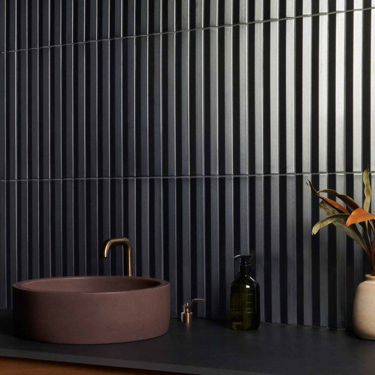Lux Tile Ponto Metallic Gray Fluted 5x16 3D Polished Porcelain Wall Tile