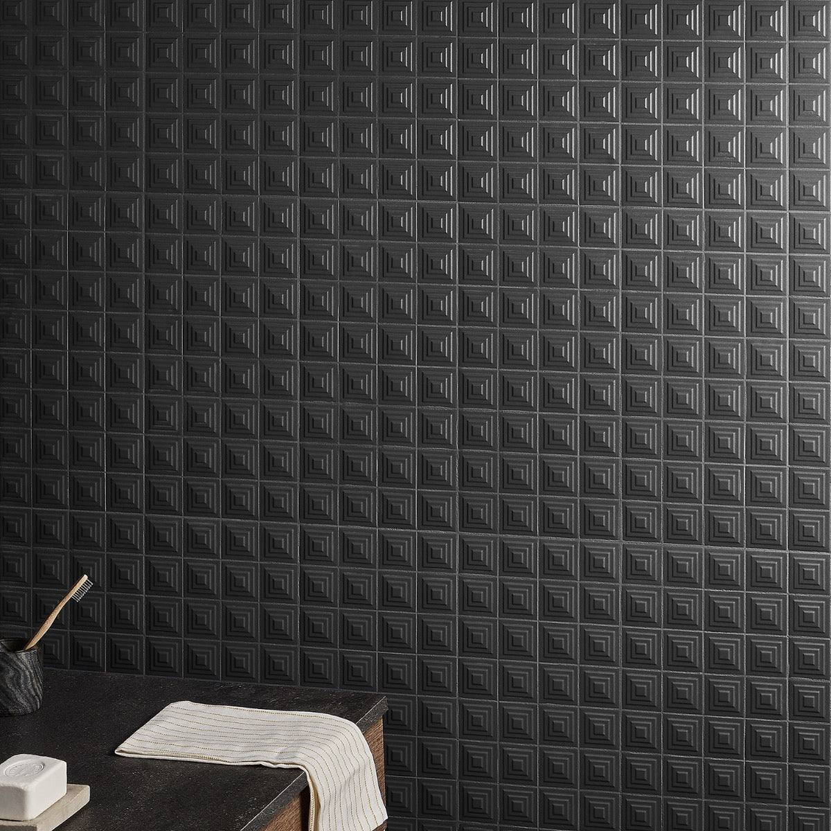 Kinzie Pyramid Charcoal Black 8x16 3D Matte Ceramic Tile by Lux Tile