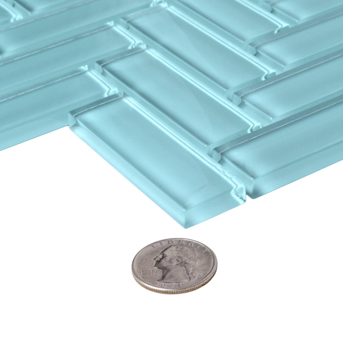 Apollo Tile (Sample) Colorway Tiffany Blue 4-in x 4-in Glossy Glass Herringbone Mosaic Floor and Wall Tile
