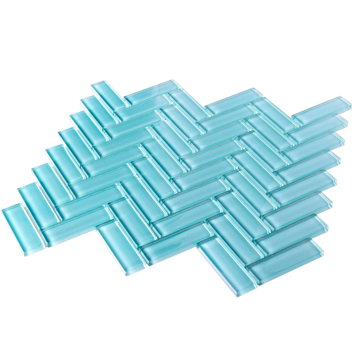 Apollo Tile (Sample) Colorway Tiffany Blue 4-in x 4-in Glossy Glass Herringbone Mosaic Floor and Wall Tile