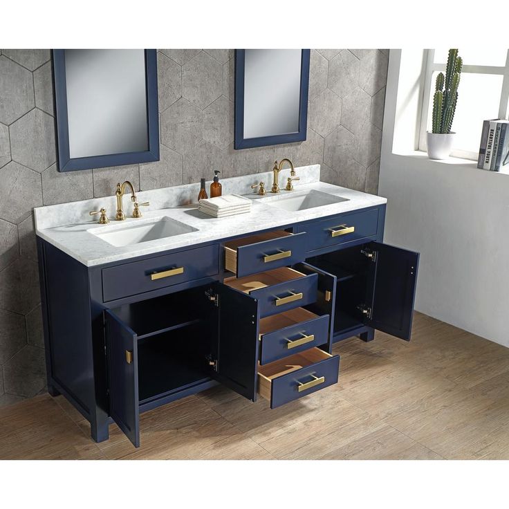Madison 72 in. Bath Vanity in Monarch Blue with Carrara White Marble Vanity Top with White Basins