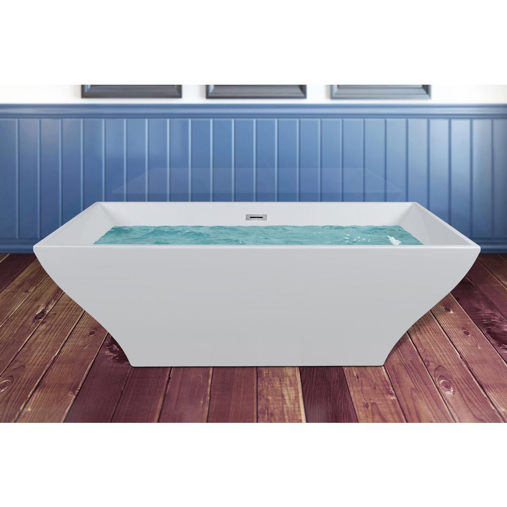 67 in. Acrylic Center Drain Rectangular Double Ended Flatbottom Freestanding Bathtub in Glossy White - Super Arbor