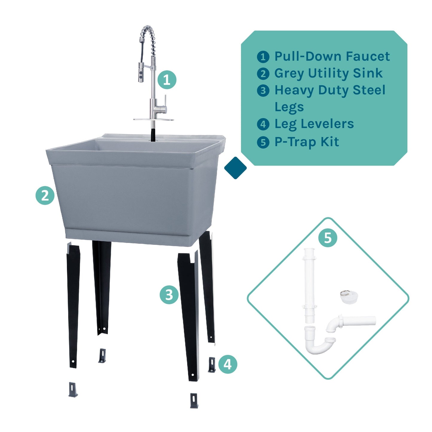 Cambridge Resources Gray Freestanding Utility Tub with Drain and Faucet