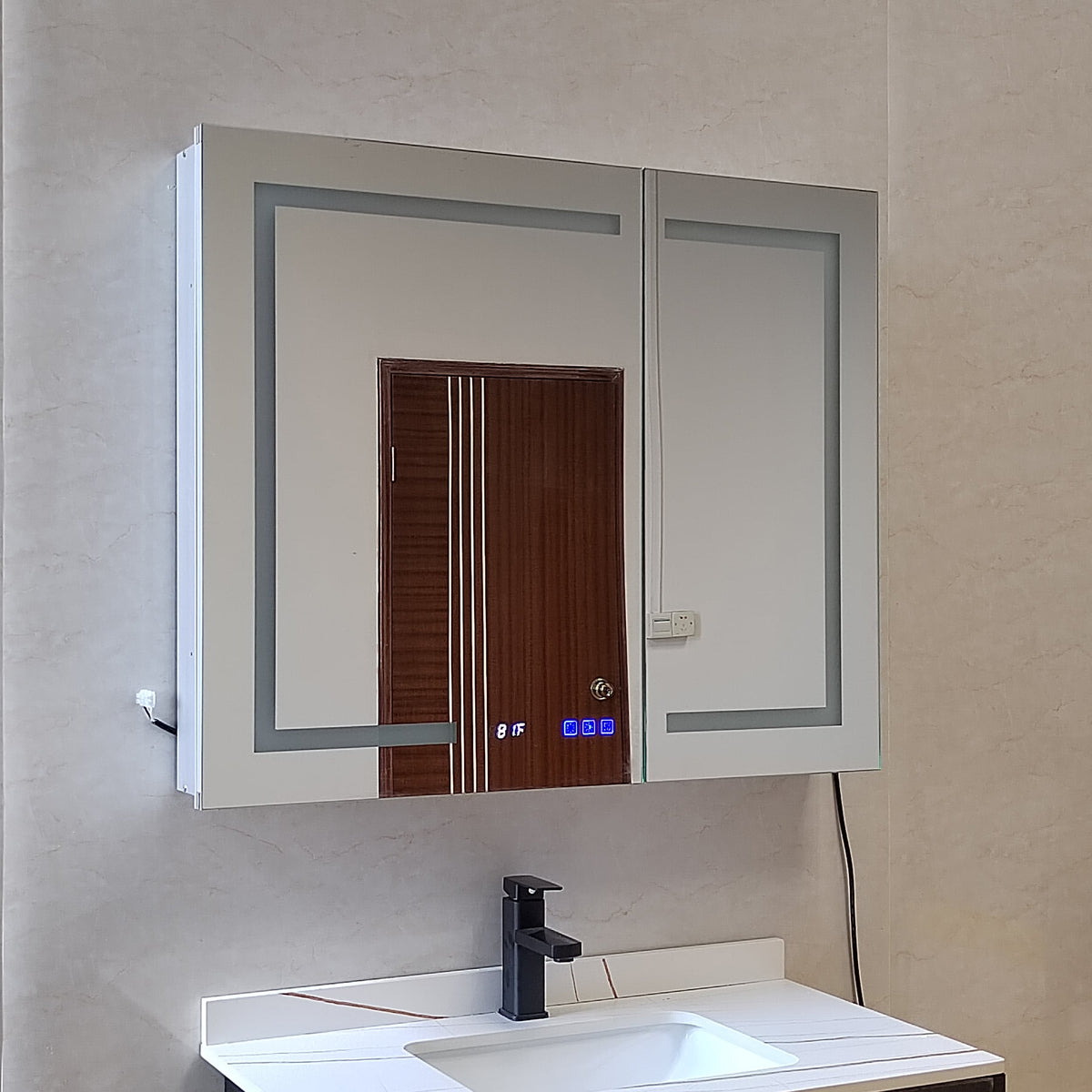 WELLFOR EX4 36-in x 30-in Lighted LED Fog Free Surface Mount Silver Mirrored Soft Close Medicine Cabinet with Outlet