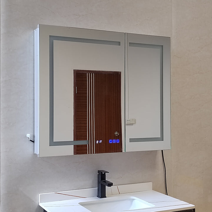 WELLFOR EX4 36-in x 30-in Lighted LED Fog Free Surface Mount Silver Mirrored Soft Close Medicine Cabinet with Outlet