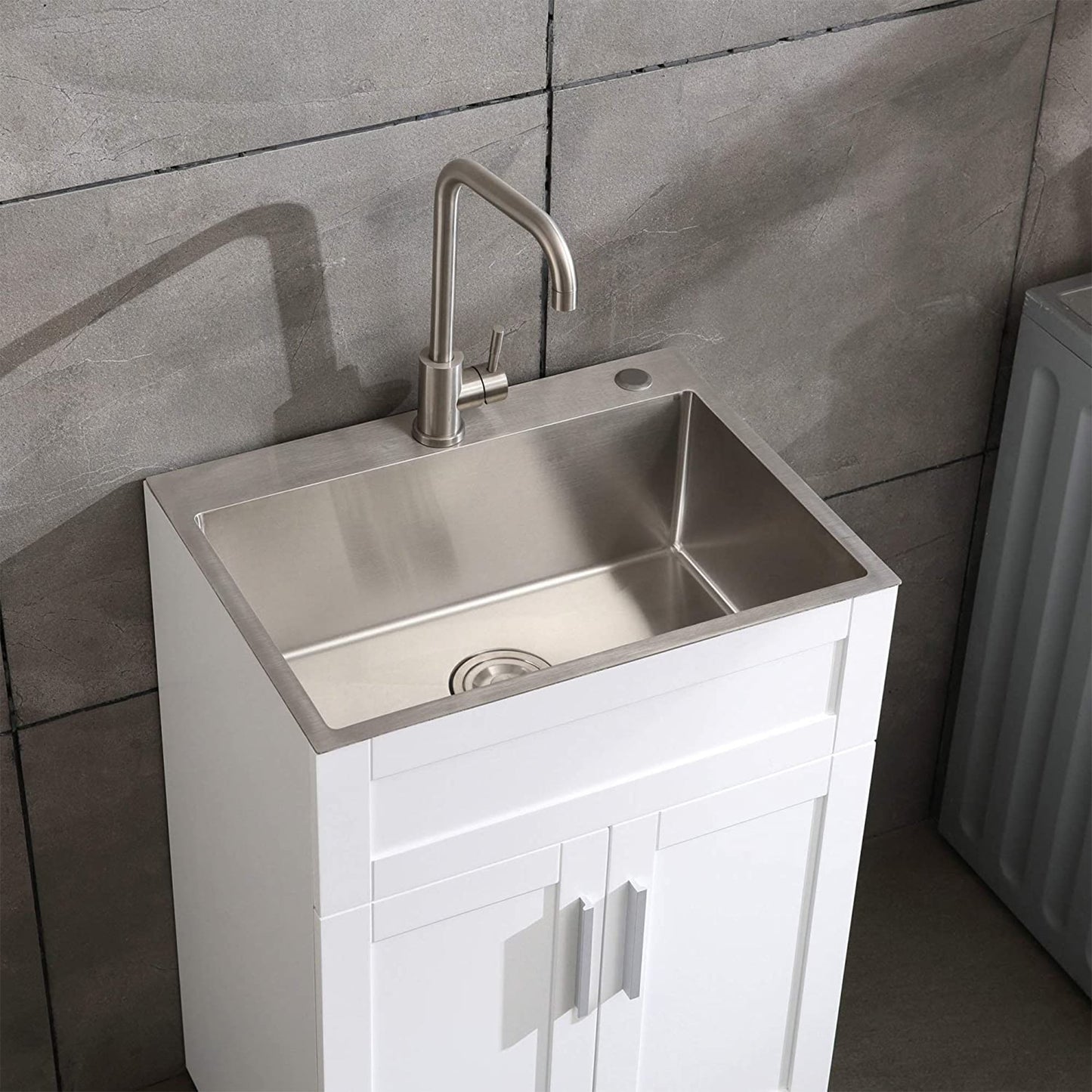 WELLFOR 24-in x 18-in White Freestanding Utility Tub with Faucet and Storage Cabinet