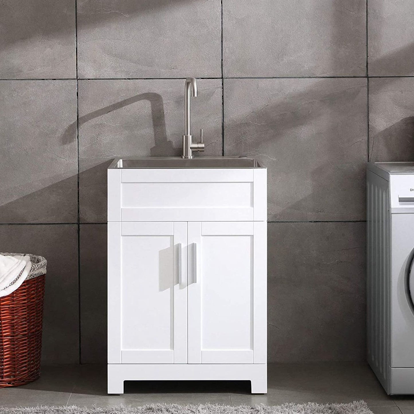 WELLFOR 24-in x 18-in White Freestanding Utility Tub with Faucet and Storage Cabinet