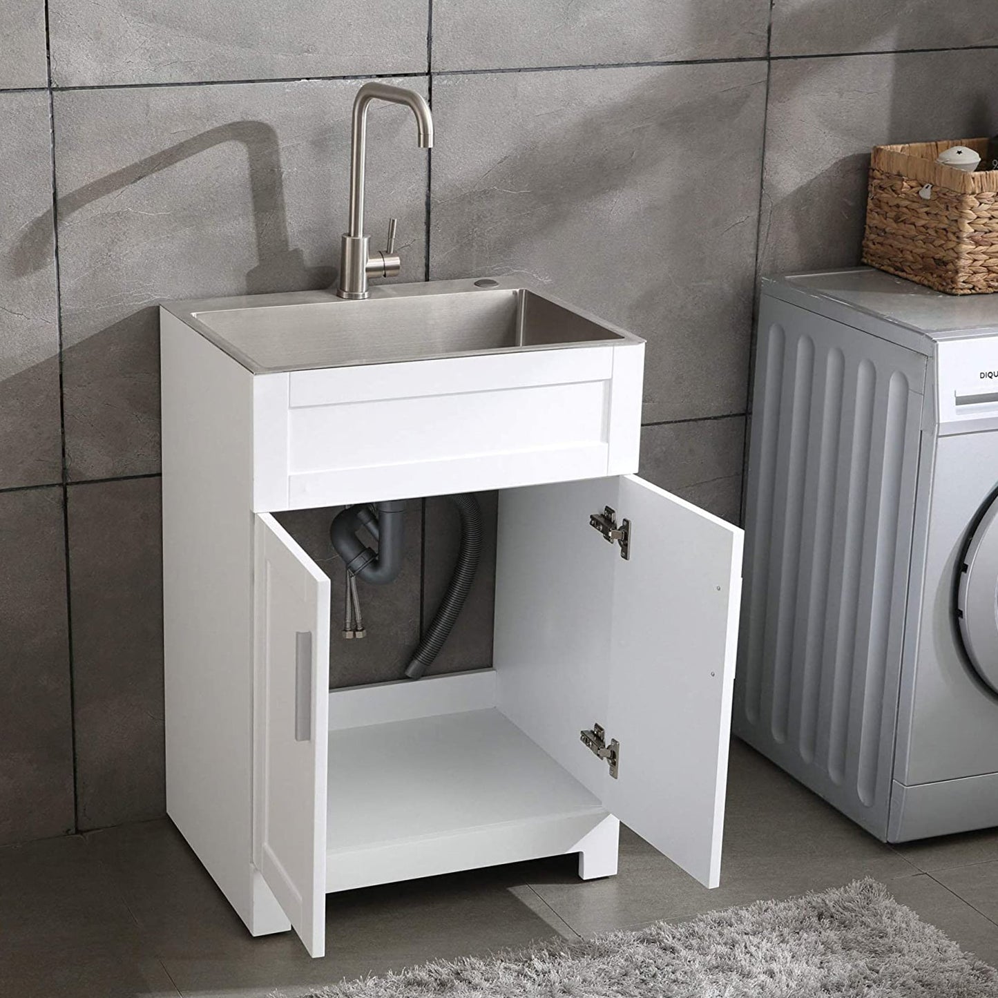 WELLFOR 24-in x 18-in White Freestanding Utility Tub with Faucet and Storage Cabinet