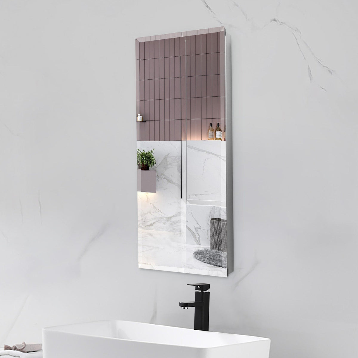 Forclover DON 15-in x 36-in Surface/Recessed Mount Satin Mirrored Soft Close Medicine Cabinet