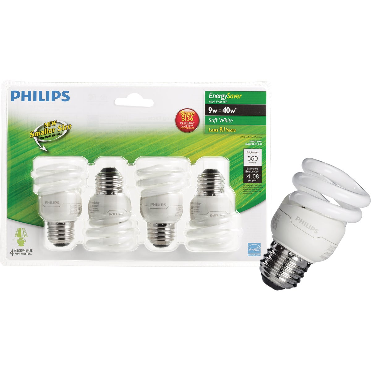 Philips 40-Watt Equivalent Spiral CFL Light Bulb, Soft White, Medium Base, 4-Pack