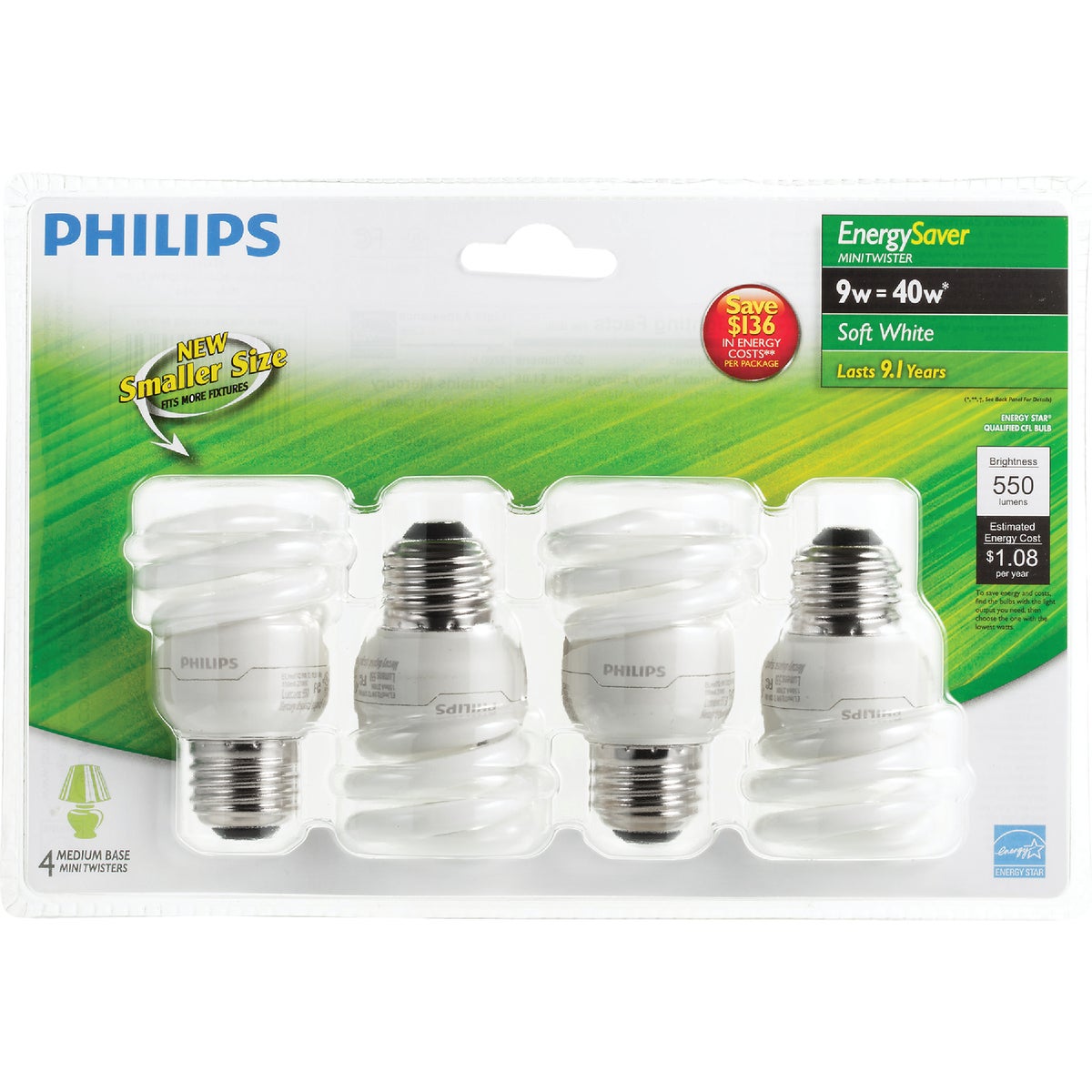 Philips 40-Watt Equivalent Spiral CFL Light Bulb, Soft White, Medium Base, 4-Pack