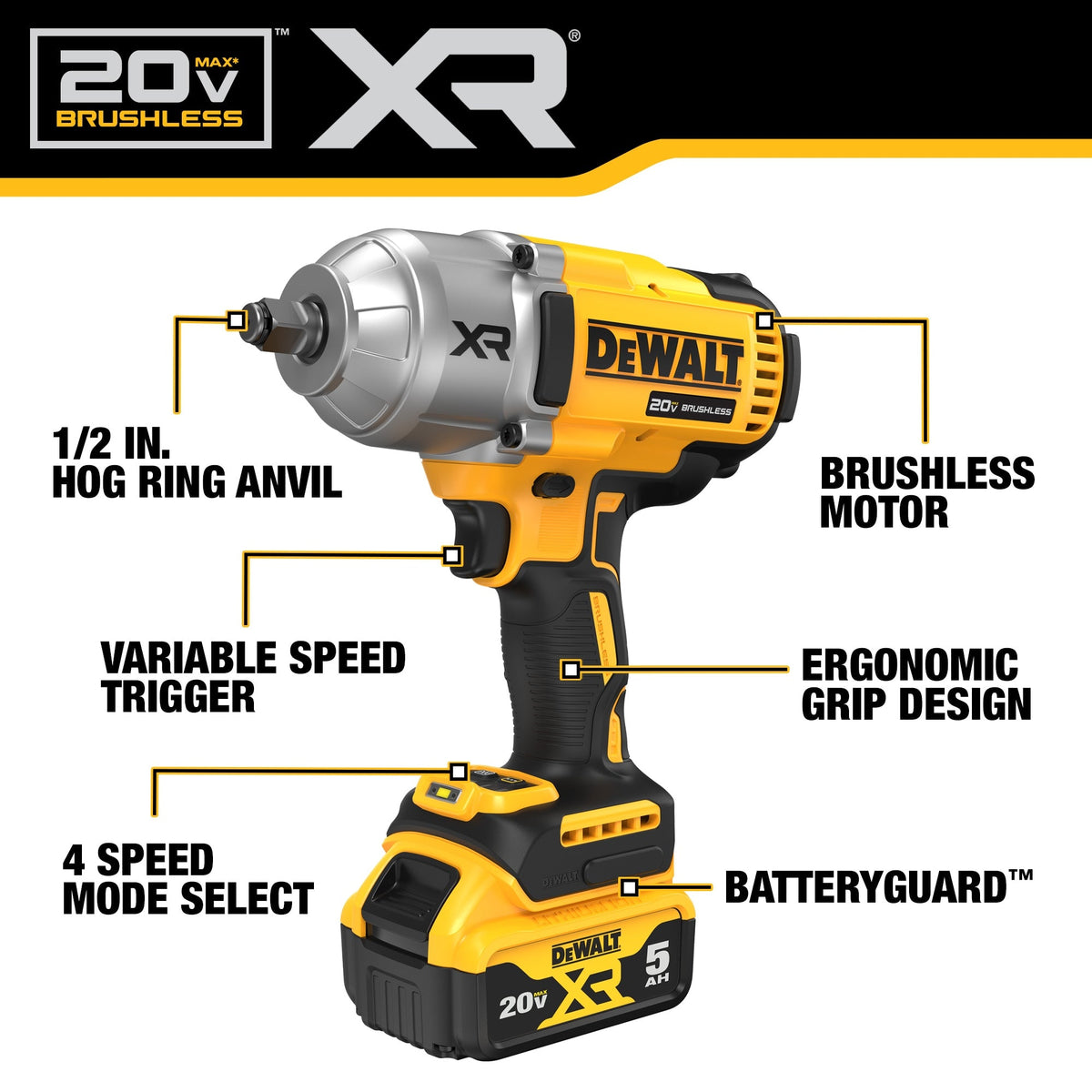 DEWALT XR 20-Volt MAX Brushless 1/2-in Cordless Impact Wrench Kit with 5.0Ah Battery & Charger