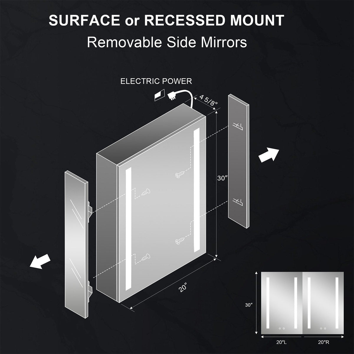 WELLFOR VICK 20-in x 30-in Lighted LED Fog Free Surface/Recessed Mount Silver Mirrored Soft Close Medicine Cabinet with Outlet