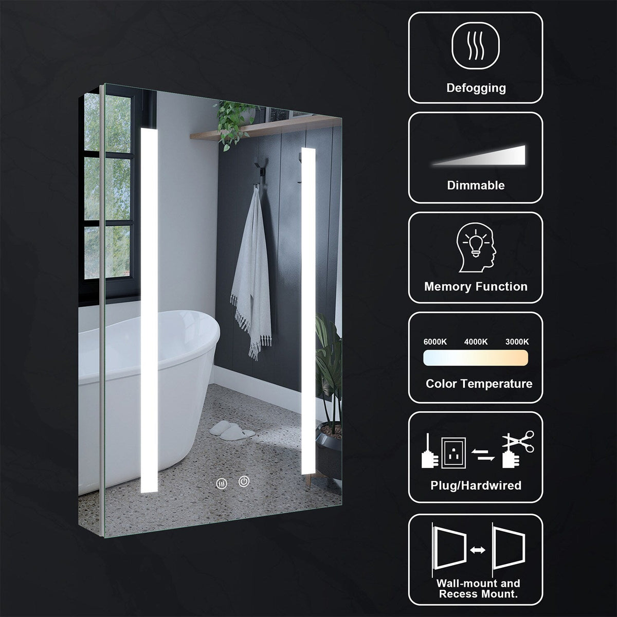 WELLFOR VICK 20-in x 30-in Lighted LED Fog Free Surface/Recessed Mount Silver Mirrored Soft Close Medicine Cabinet with Outlet