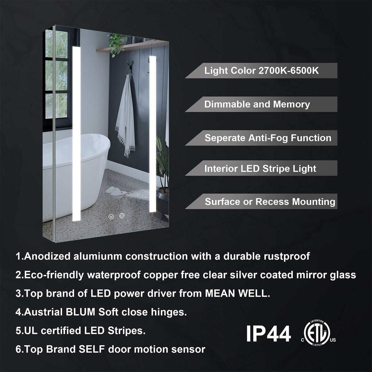 WELLFOR VICK 20-in x 30-in Lighted LED Fog Free Surface/Recessed Mount Silver Mirrored Soft Close Medicine Cabinet with Outlet