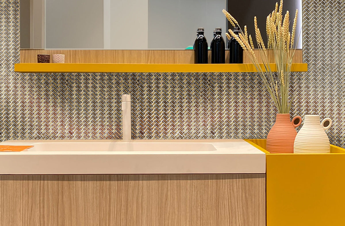 Apollo Tile (Sample) Majeste Gold 4-in x 4-in Matte Glass Herringbone Mosaic Floor and Wall Tile