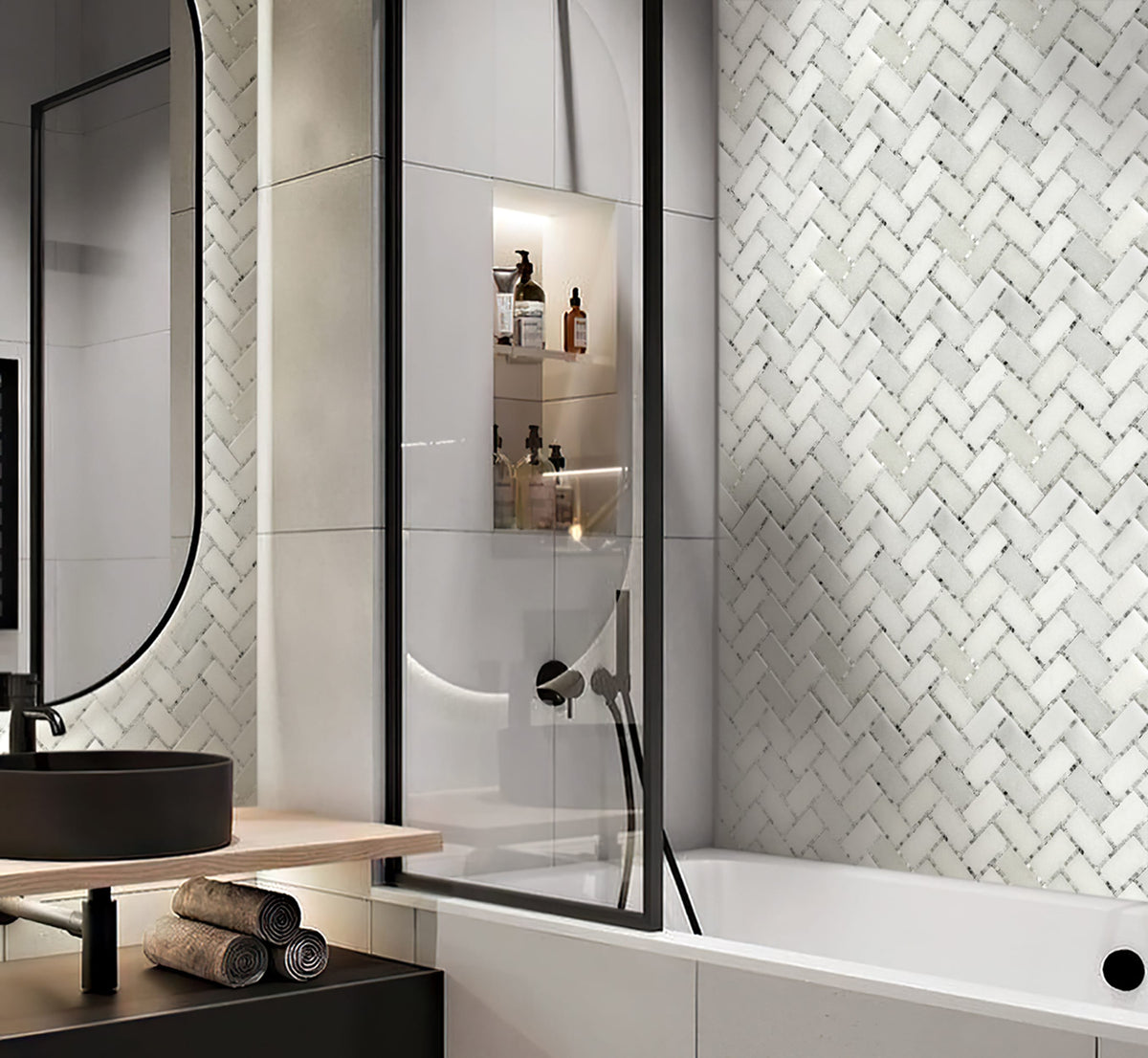 Apollo Tile (Sample) Athens White 10-in x 11-in Polished Marble Herringbone Patterned Floor and Wall Tile