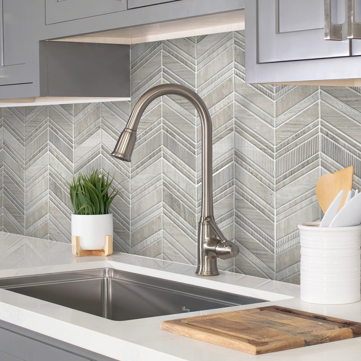 Apollo Tile (Sample) Sparta Wooden Beige 4-in x 4-in Polished Marble Chevron Mosaic Floor and Wall Tile