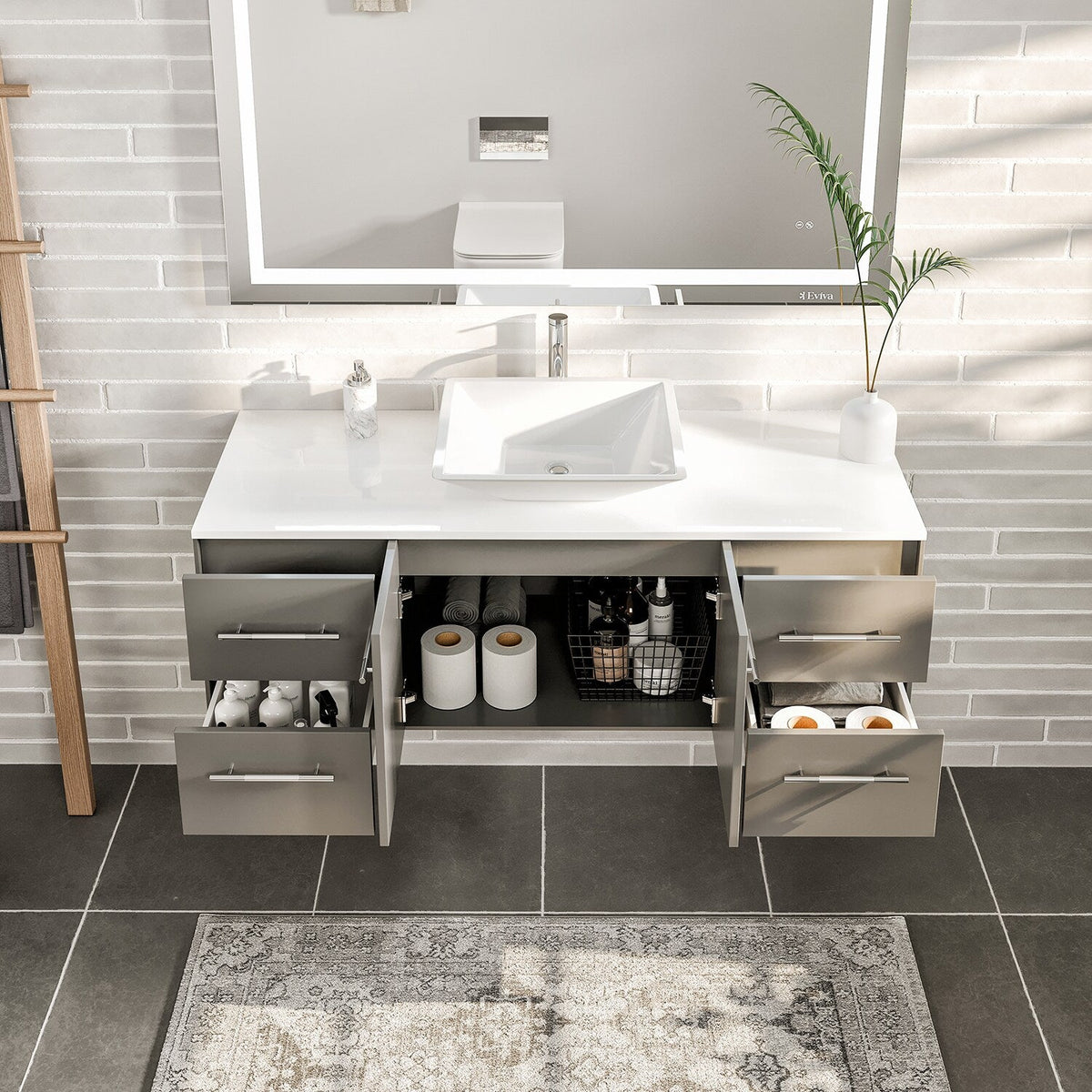 Eviva Totti Wave 48 in. W x 21 in. D x 22 in. H Bathroom Vanity in Gray with White Glassos Top and White Sink