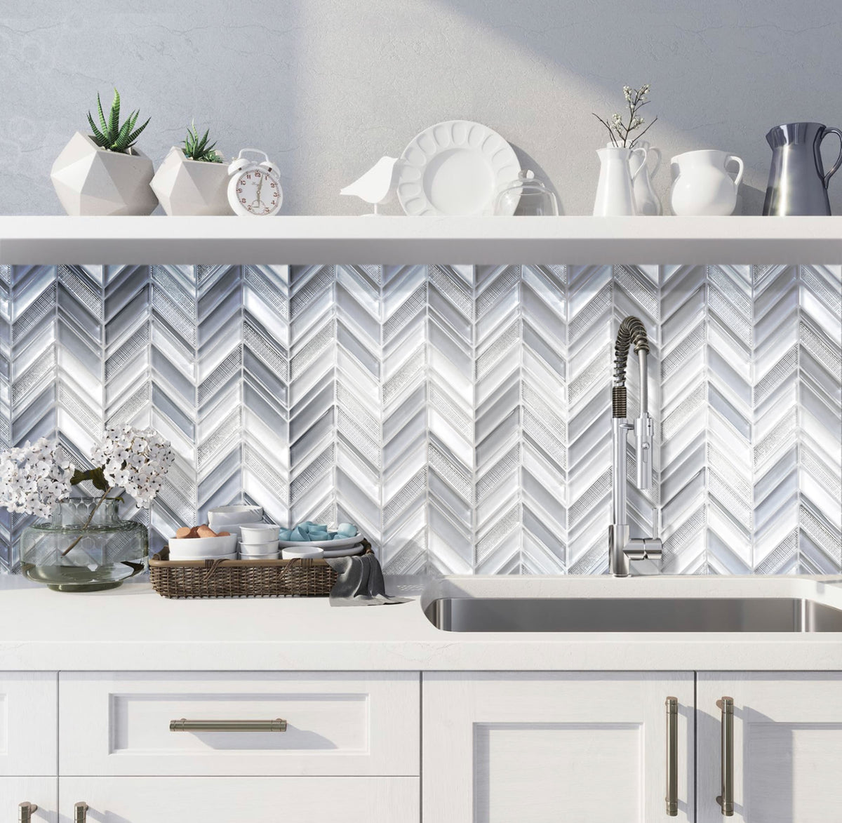Apollo Tile Glacier Blue and White 11-in x 11-in Polished Glass Chevron Floor and Wall Tile (3.76-sq. ft/ Carton)
