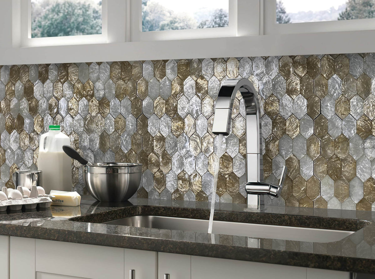 Apollo Tile (Sample) Wall White and Gold Natural Shell 4-in x 4-in Polished Marble Honeycomb Patterned Wall Tile