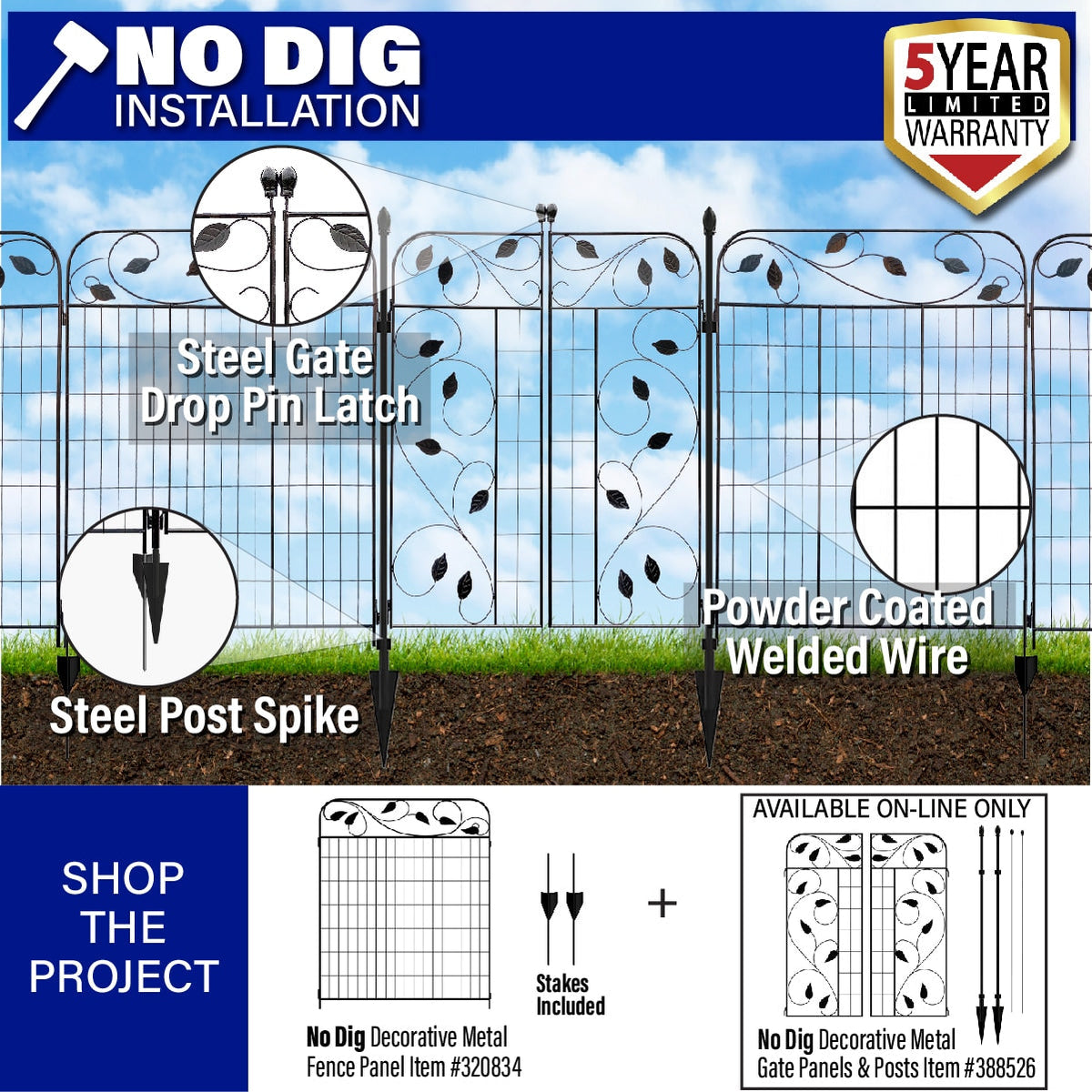 YARDLINK 4-ft H x 3-ft W Black Powder-coated Steel Decorative Metal Flat-top No Dig Decorative Fence Gate