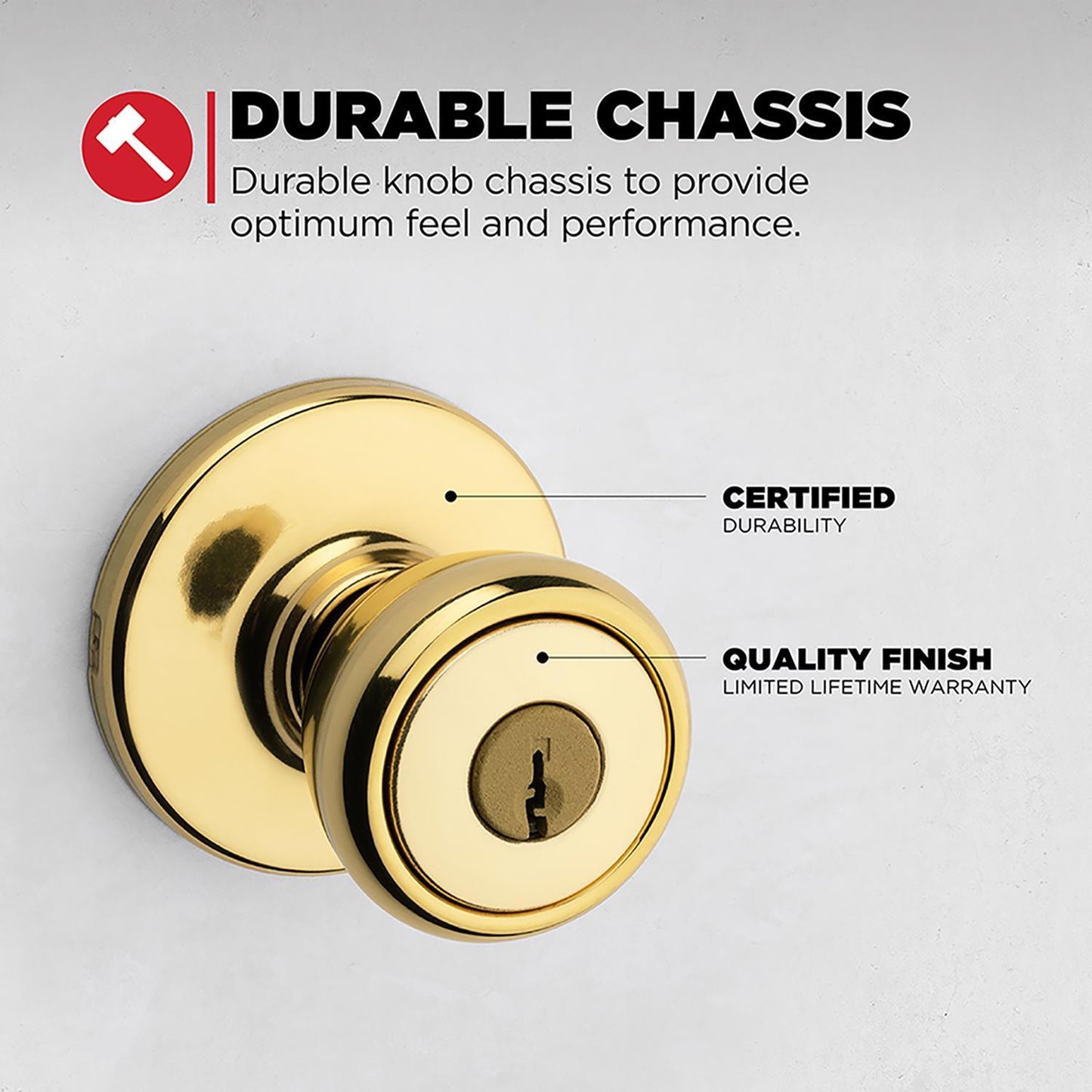 Kwikset Tylo Polished Brass Entry Knobs, ANSI/BHMA Grade 3, 1-3/4 in.